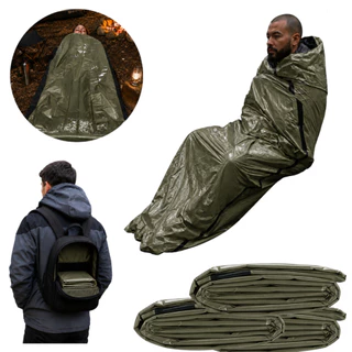 Kit Sacos de Dormir Verde Termico Aluminizado Para Camping Acampamento Emergencia Sobrevivencia Impermeavel Isolante