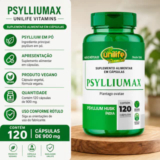 Psyllium Psylliumax Unilife 900mg 120 Cápsulas Vegano