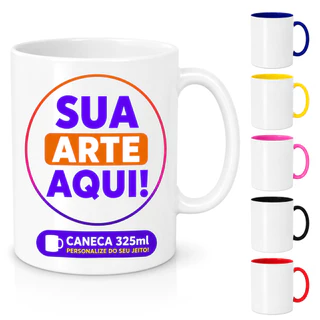 Caneca Personalizada Com Sua Logo Ideia Imagem Cerâmica Branca Com Alça e Interior Colorido - 325ml