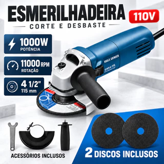 Esmerilhadeira e Lixadeira 1000W 4.1/2" 115mm 11000 RPM c/ 2 Discos para Remoção de Ferrugem, Desbaste e Corte de Tubos