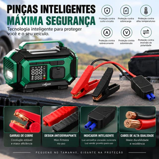 5em1 Auxiliar de Partida e Compressor de Ar Portátil para Carro 12V-Power Bank,Inflador,Carregador Portátil eLanternaSOS