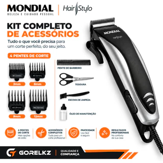 Maquina de Cortar Cabelo e Barba Mondial CR-02 Hair Stylo 127V/220V Lamina de Aco 4 Pentes Aparador de Cabelo e pelos