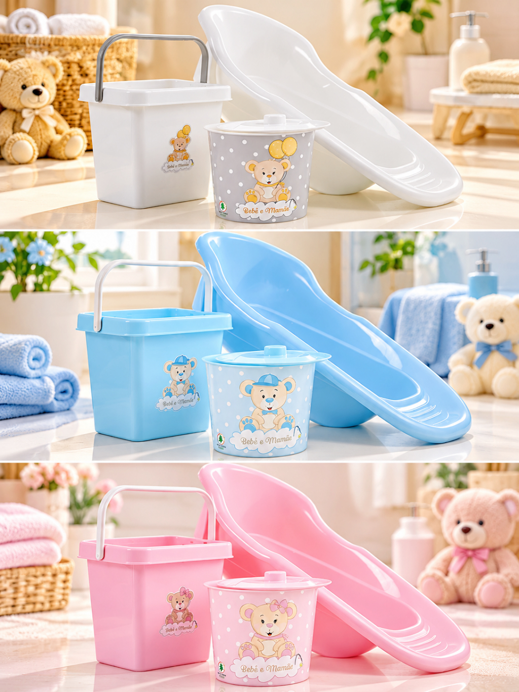 Kit Banheira Bebê com Balde e Lixeira – Estampa Ursinho