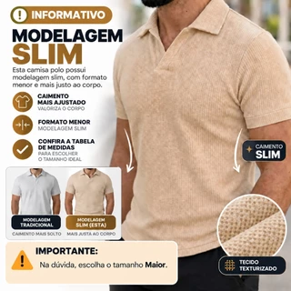 Kit 3 Polo Italiana texturizada sem botão, manga slim Camisa Polo Masculino Luxo