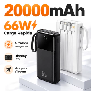 Power Bank 20000mAh 66W Carregamento Super Rápido Display Digital 4 Cabos Integrados Bateria Externa Universal