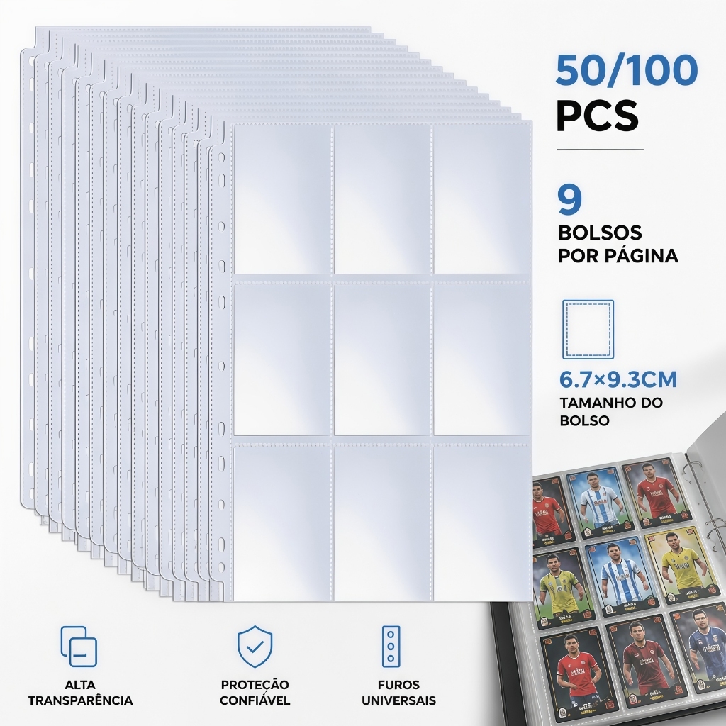 Kit 50/100 Folhas A4 9 Bolsos 11 Furos Universal Frente e Verso Pokémon ...