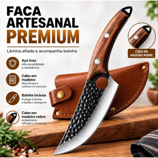 Faca Cutelo Forjado Artesanal Rústico com Bainha Churrasco Desossar Carne Chefe de Cozinha Camping