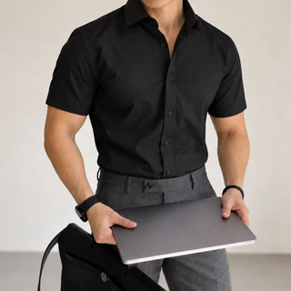 Camisa de Botão Masculina Manga Curta Slim Reto Social Casual com Elastano Confortável de Verão Branco