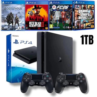 Console PlayStation 4 Slim 1TB + 4 Jogos Aleatórios CD + 2 Controles - Com Caixa Original