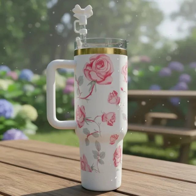 a garrafa térmica com estampa floral em um ambiente ao ar livre
