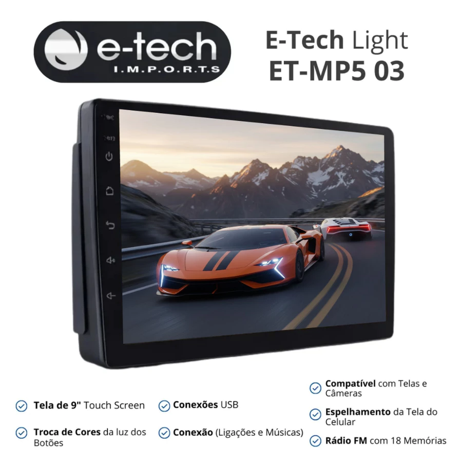 Central Multimídia 9 Polegadas E-Tech Light | Espelhamento Android e iPhone | Bluetooth USB FM - foto 2