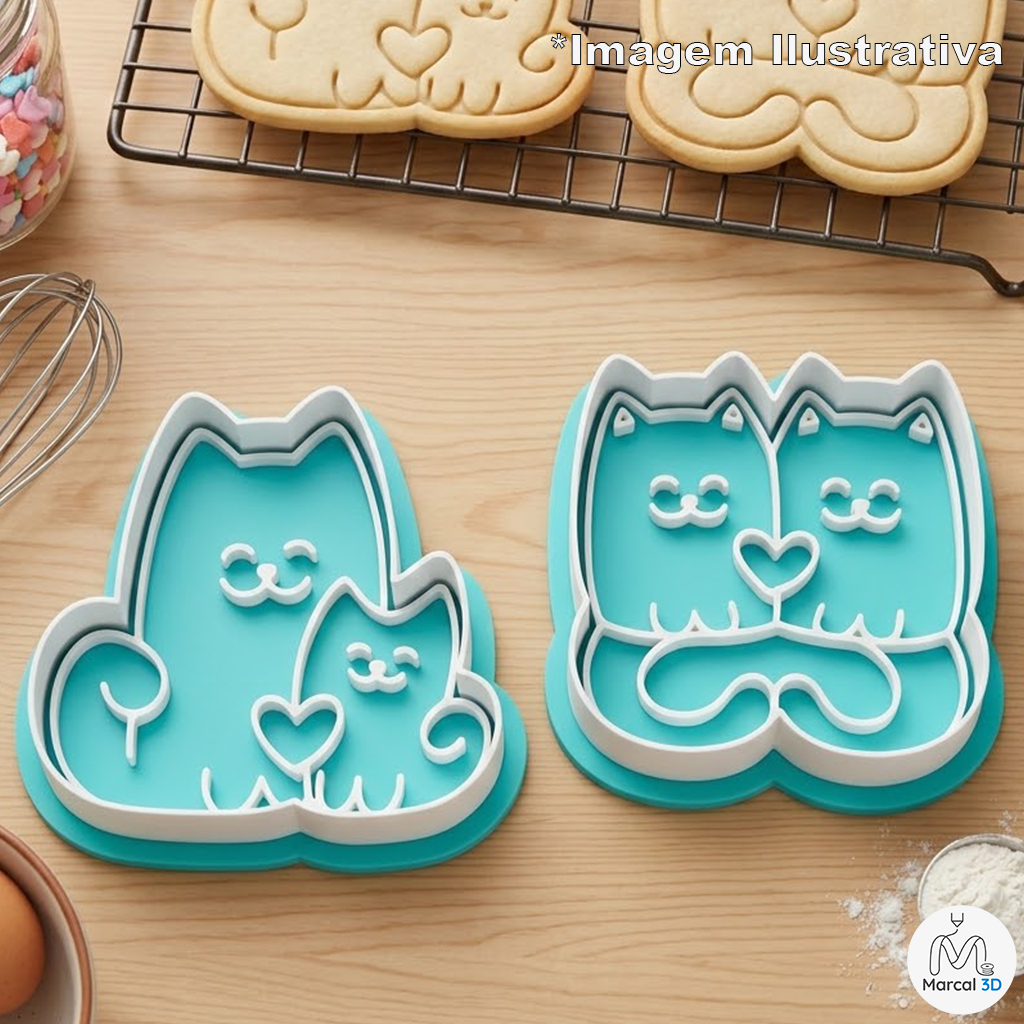 Kit Cortador de Biscoito Dia dos Namorados Gatinhos Amor Carimbo Molde Biscoito Massinha Confeitaria