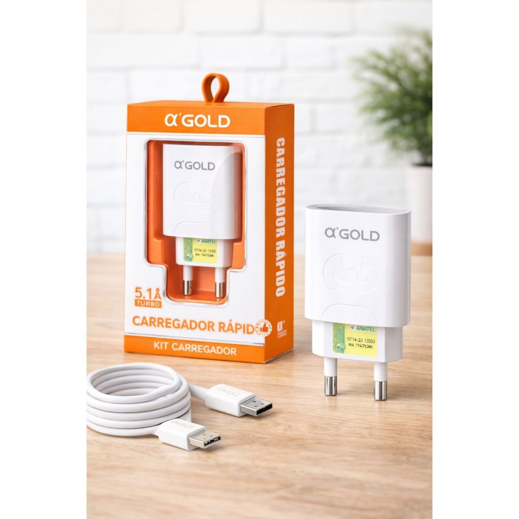 Carregador Rápido 5.1A A Gold USB + Cabo Tipo C Homologado Anatel Turbo ...