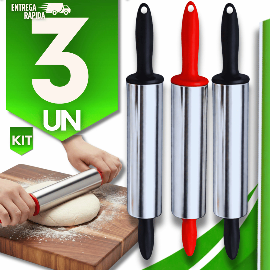 KIT 3/2/1 Rolo de Massa Cilindro de abrir Massa Inox com Cab