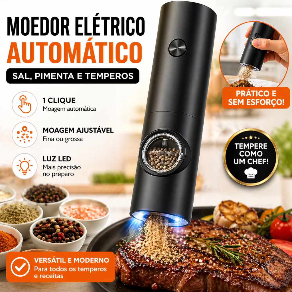 Moedor Eletrico Automatico Sal Pimenta Com Ajuste De Moagem 