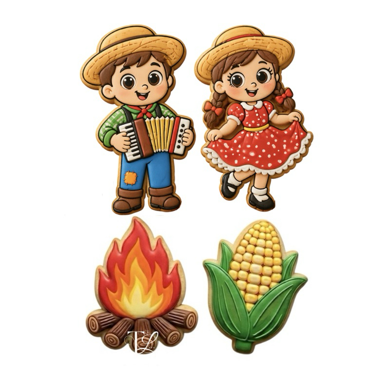 Cortador e Carimbo de Biscoito Festa Junina de 8cm, 4 peças 