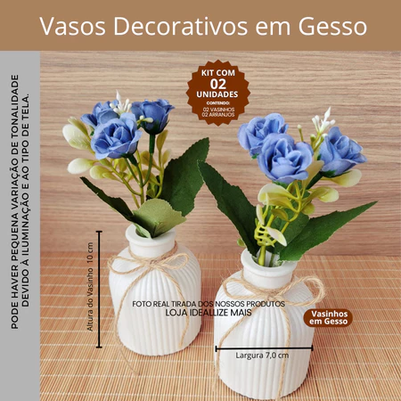 Kit 2 Vasos Decorativos em Gesso com Flores Artificiais – Prontos para Decorar