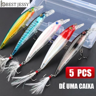 Kit 5/10 Lures Iscas de simulação 9 cm and 8 grams 3D Eyes Fishing Swimmers Cauda com penas