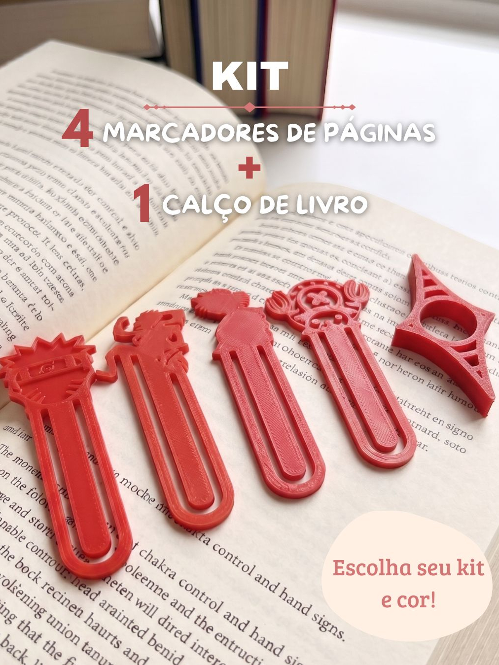 Kit 4 Marcadores de Páginas + 1 Calço de Livro