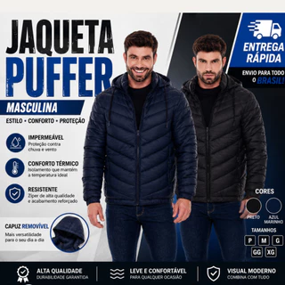 Jaqueta Puffer Masculina Impermeável Bobojaco Capuz Removível Inverno Frio Quente Casual Bomber.