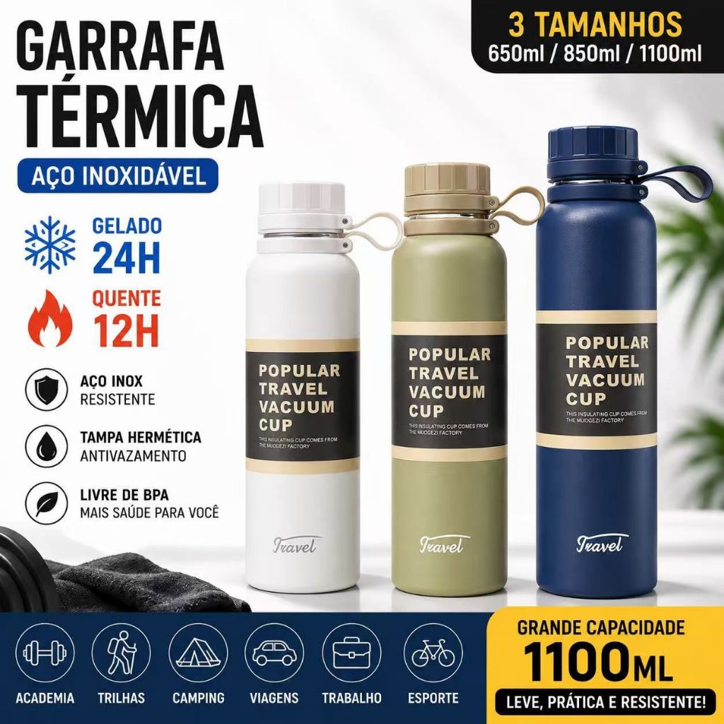 Garrafa Térmica Inox 650ml 850ml 1100ml Academia Água Gelada e Quente
