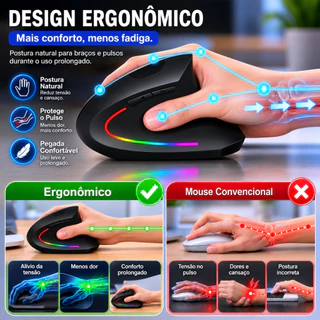 Mouse Vertical Sem Fio Ergonômico Recarregável Bluetooth + 2.4G RGB LED 3 DPI Ajustáveis para Notebook e PC AL853