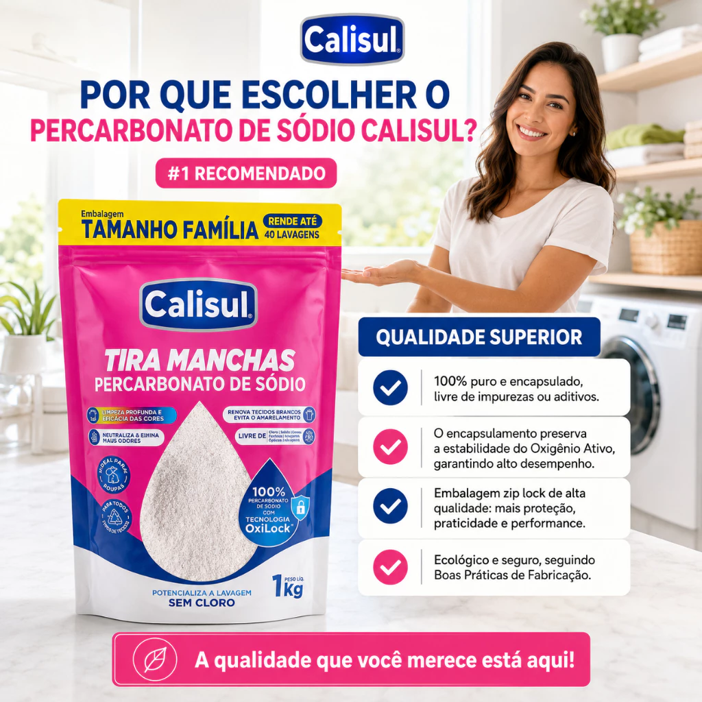 Percarbonato de Sódio Calisul 100% Puro Tira Manchas Alvejante Sem Cloro Roupas Brancas 1kg 2kg 3kg