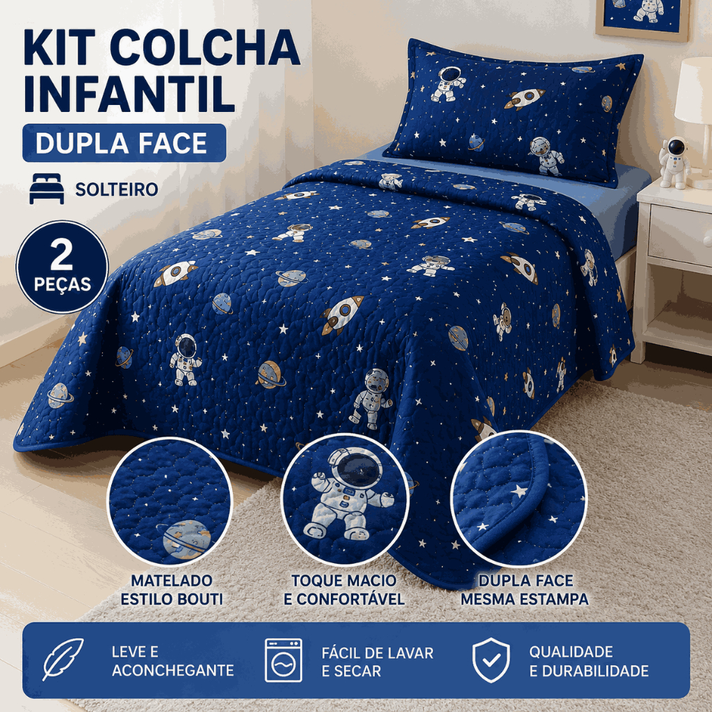 Kit Colcha Infantil Solteiro Matelada Bouti Dupla Face 2 Peças Menino Menina Cobre Leito Infantil 1,60x2,40