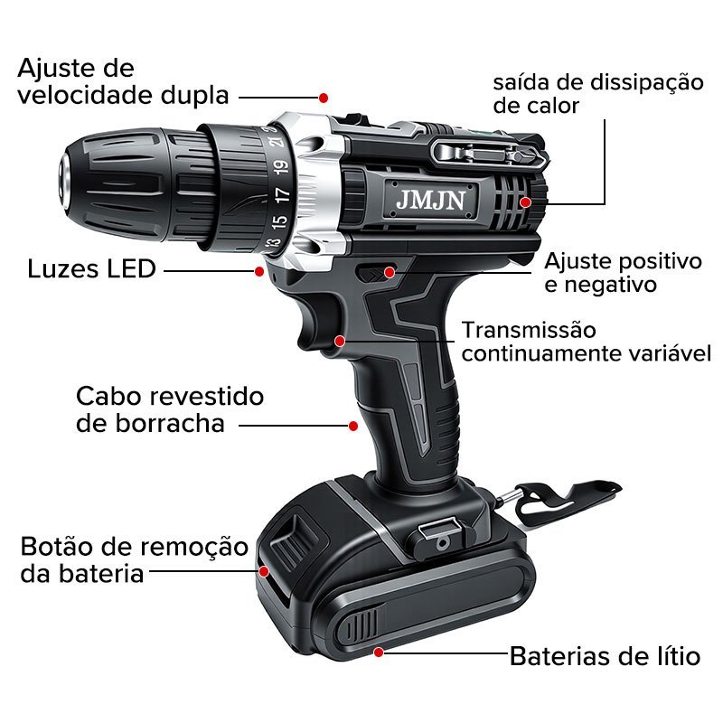 JMJN Parafusadeira Furadeira De Impacto Sem Fio 48V 2 Baterias Com