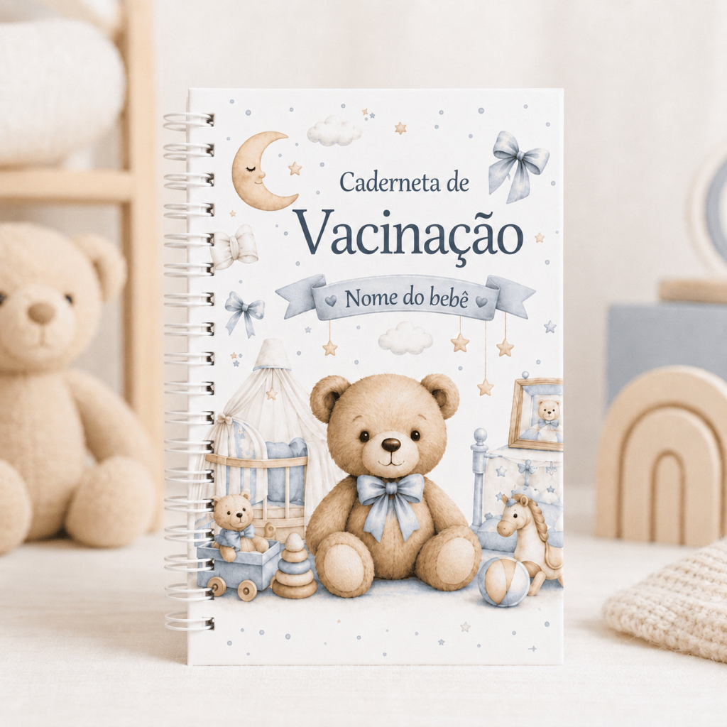 Caderneta de Vacinação do bebê Personalizada com Nome - Ursinho Azul Menino