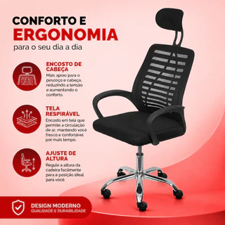 Cadeira de escritório Giratória Viena Encosto Cabeça Preta com base Cromada