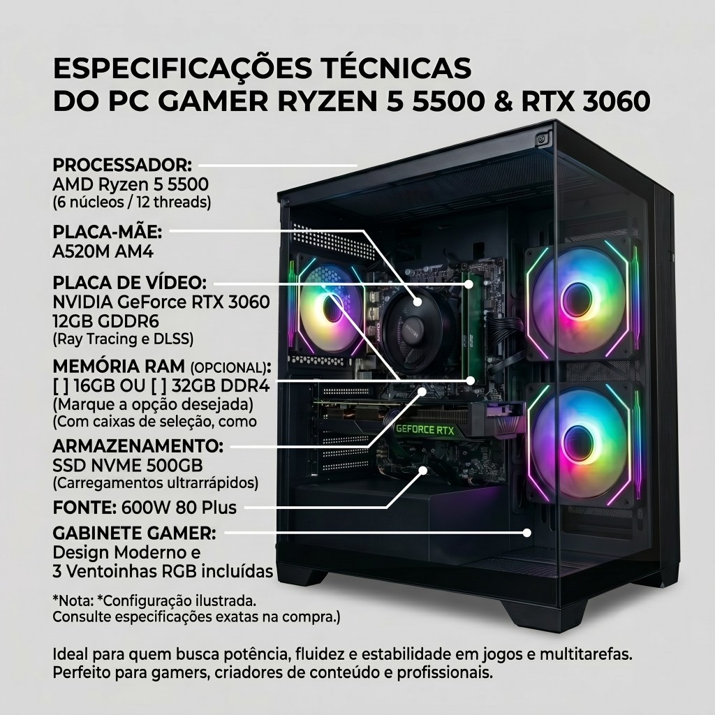 PC GAMER RYZEN 5 5500 32GB RAM DDR4 SSD NVME 500GB RTX 3050 6GB