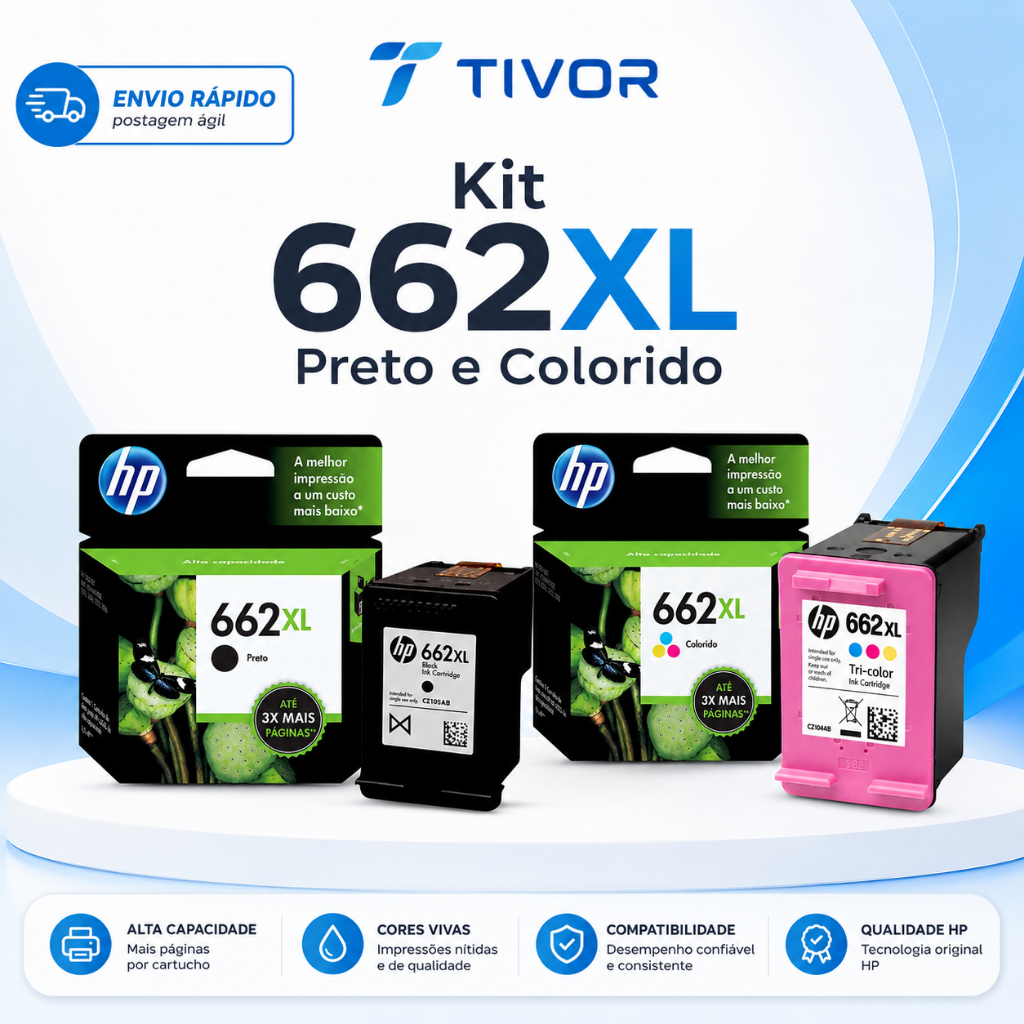 Kit Cartuchos 662XL Preto E Colorido Para Impressoras DeskJet 2516, 3516, 3546, 2546, 1516, 4646
