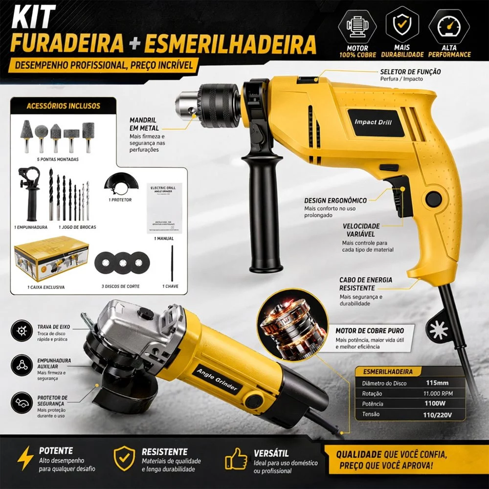 Kit 2 Peças Furadeira Parafusadeira e Esmerilhadeira Elétrica com Fio Alta Potência Ferramenta Profissional
