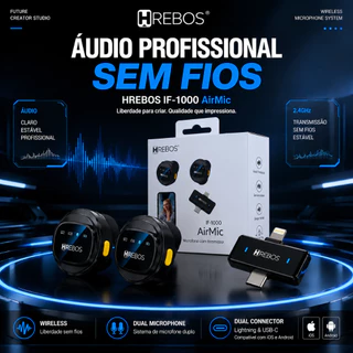 Microfone Lapela Sem Fio HREBOS-IF-1000 – Kit com 2 transmissores, Para Gravar Vídeos em Celular iOS/Android