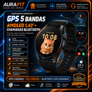 AURAFIT G12 Smartwatch Liga Zinco Preto 1.43" 450mAh 3ATM com GPS 5 Bandas