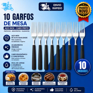10 Unidades de Garfos de Mesa Preto19cm Aço Inox com Cabo Plástico Excelente Garfo Inox