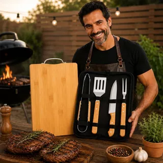 Kit Jogo De Facas Com Tábua Conjunto Estojo Completo Inox Bambu Moderno Cozinha Churrasco Carne