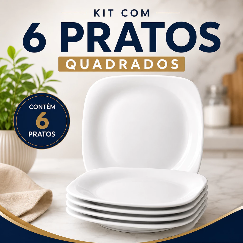 Conjunto 6 Pratos Quadrados Raso Branco Grande Premium