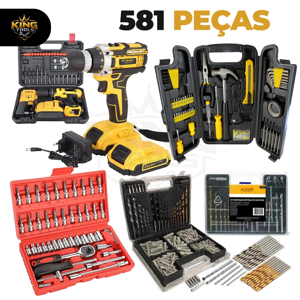 Kit Ferramentas 581 Peças + Parafusadeira 21V Sem Fio Completa + Jogo de Brocas Bits Soquetes 46 Peças Profissional