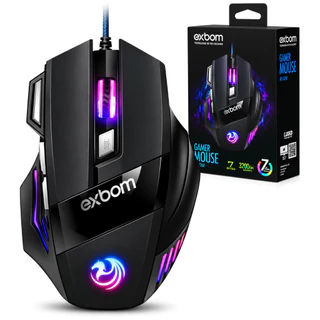 Mouse Gamer Com Fio Longo de Nylon USB Óptico 3200dpi Preto 7 Botões Luz de LED 7 CORES ANATEL