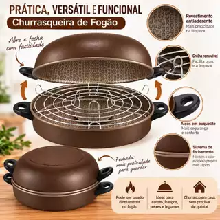 Churrasqueira De Fogão Grill Antiaderente / Alumínio Com Grelha 30 Cm Reforçada