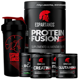 Kit Whey Protein Fusion + Bcaa + Creatina + Glutamina + Colágeno + Shaker - Espartanos