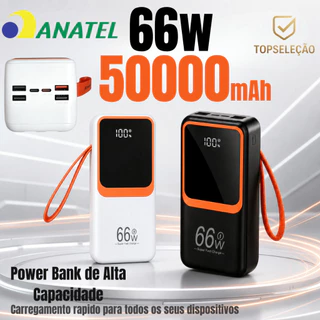 Power Bank 50000mAh 66W Carregamento Rápido 6 Saídas Cabos Integrados Tela LED ANATEL