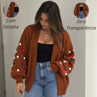 Casaco Feminino Tricô Inverno Com Pompom Detalhado Estilo Cardigan Elegante