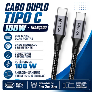 Cabo USB-C Tipo C para Tipo C Hrebos 100W Turbo Trançado iPhone 15 16 17 Android 1m 2m 3m USB A