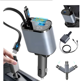 Carregador Veicular 4 em 1 Retrátil USB Tipo C iPhone Android Carga Rápida Carro com Cabo Integrado
