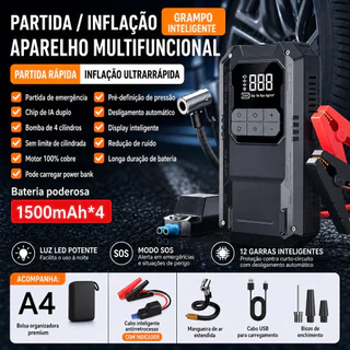 Auxiliar Partida Portátil 4 em 1 1500mAh*4 150PSI, Compressor de Ar, Power Bank e Lanterna LED SOS 12V