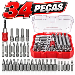 Jogo Bits Parafusadeira 34 Peças Completo Ponta Philips Fenda Torx