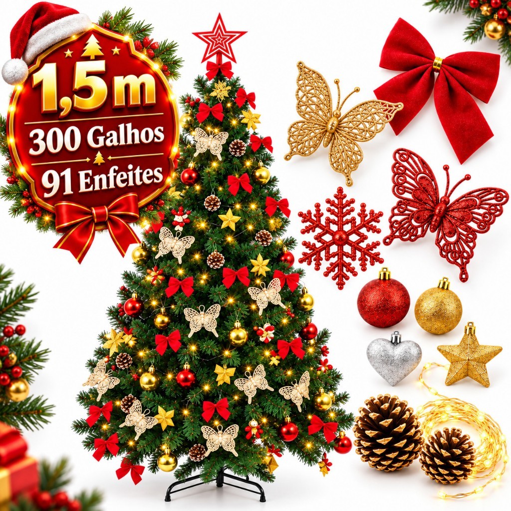 Foto de kit Árvore de Natal 1,5m Cheia Decorada 300 Galhos Verde Pé de Ferro 150cm Premium Pisca Led Laço Quente, categoria Geral, oferta na Promotina